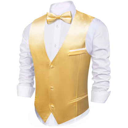 Gold Solid Jacquard Silk Bowtie Vest Set vest set    - Sophisticated Gentlemen