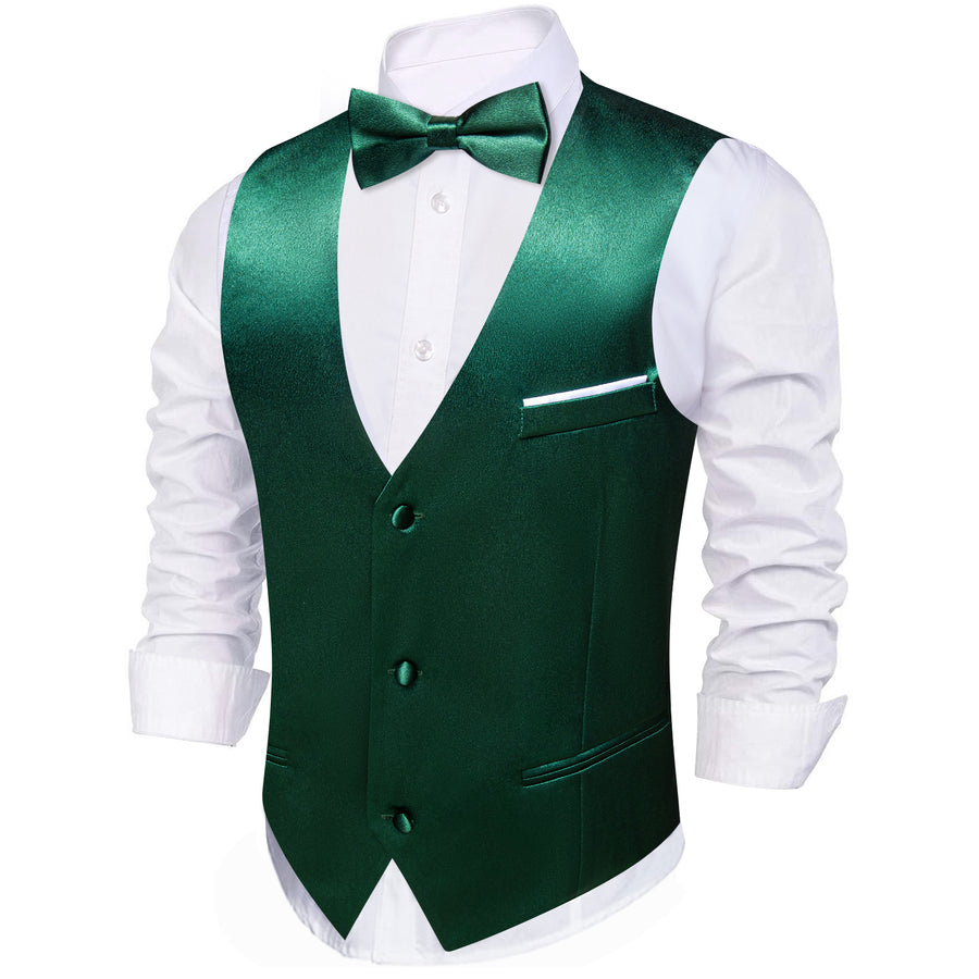 Dark Green Solid Jacquard Silk Men's Bowtie Vest Set vest set    - Sophisticated Gentlemen