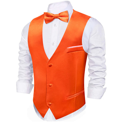 OrangeRed Solid Jacquard Silk Men's Bowtie Vest Set vest set    - Sophisticated Gentlemen