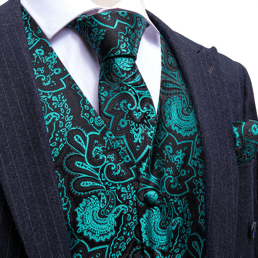 Black Teal Paisley Silk Vest Set vest set S (Chest 40")   - Sophisticated Gentlemen