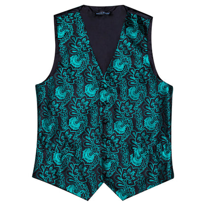 Black Teal Paisley Silk Vest Set vest set    - Sophisticated Gentlemen