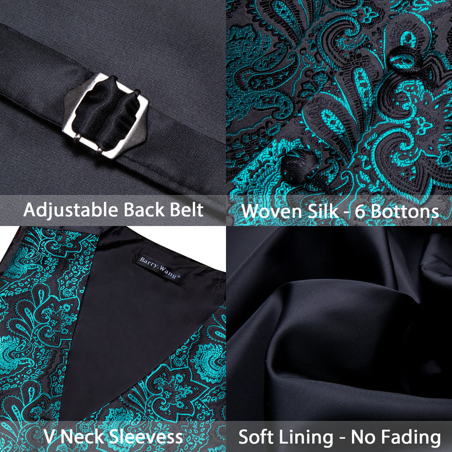 Black Teal Paisley Silk Vest Set vest set    - Sophisticated Gentlemen