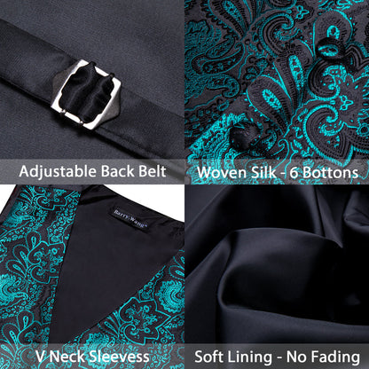 Black Teal Paisley Silk Vest Set vest set    - Sophisticated Gentlemen