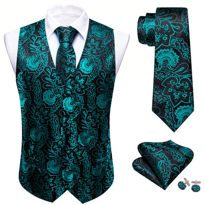 Black Teal Paisley Silk Vest Set vest set    - Sophisticated Gentlemen