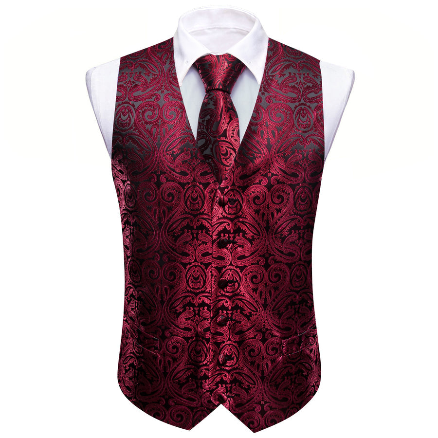 Black Dark Red Paisley Silk Men's Vest Set vest set    - Sophisticated Gentlemen