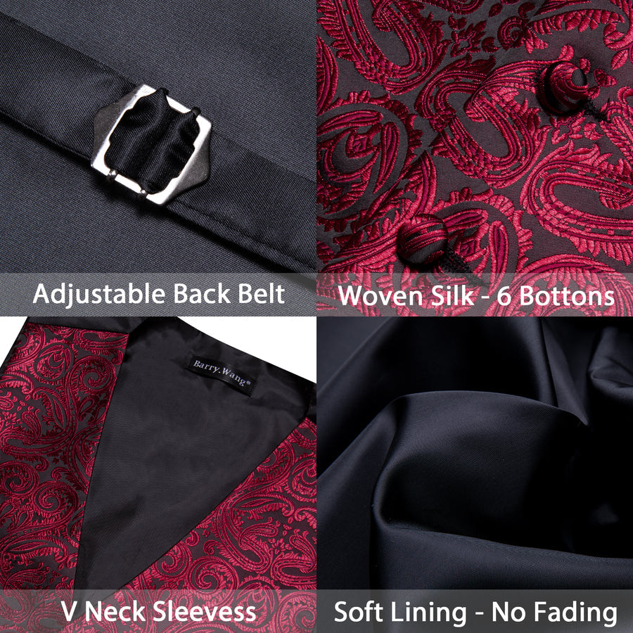 Black Dark Red Paisley Silk Men's Vest Set vest set    - Sophisticated Gentlemen