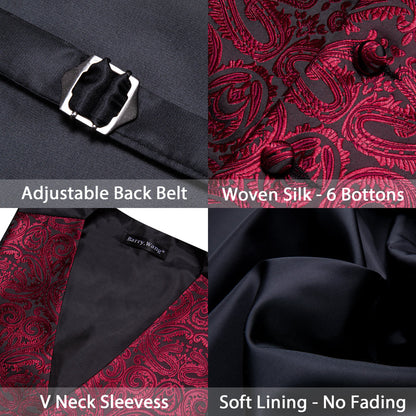 Black Dark Red Paisley Silk Men's Vest Set vest set    - Sophisticated Gentlemen