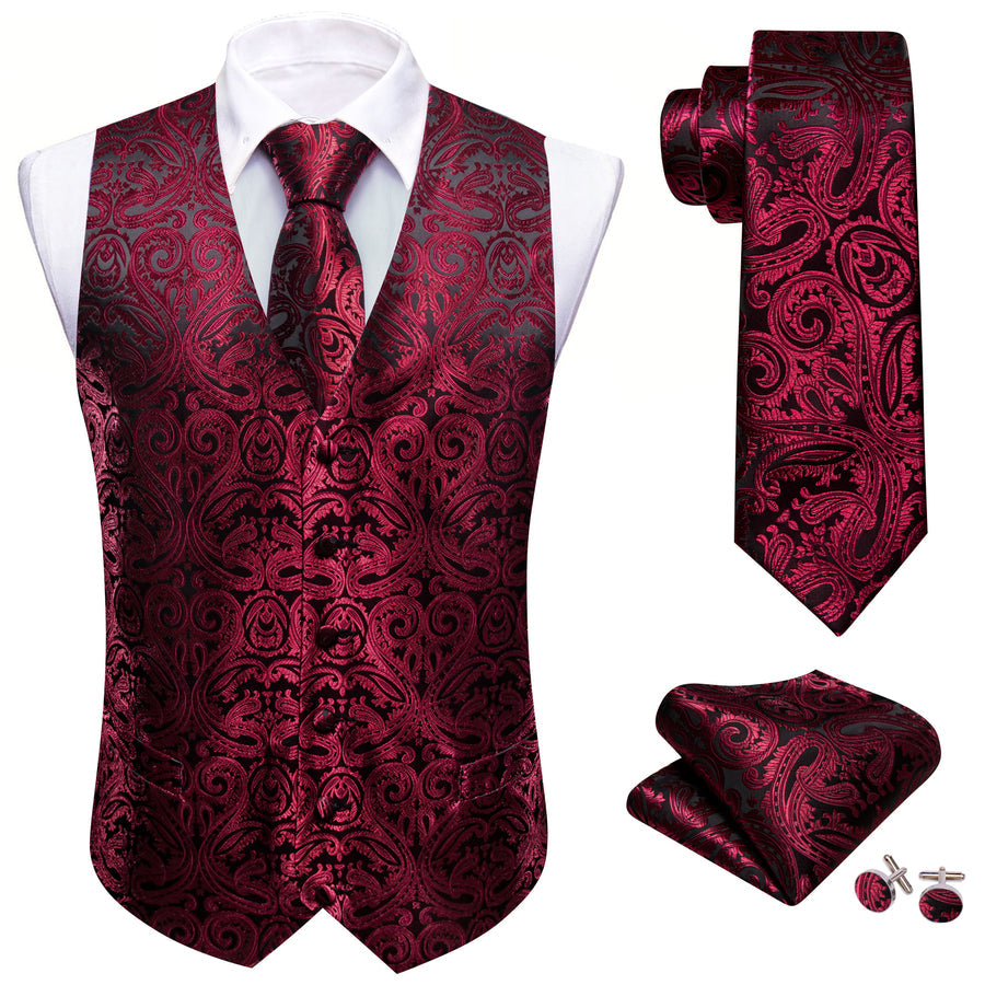 Black Dark Red Paisley Silk Men's Vest Set vest set    - Sophisticated Gentlemen