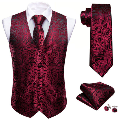 Black Dark Red Paisley Silk Men's Vest Set vest set    - Sophisticated Gentlemen