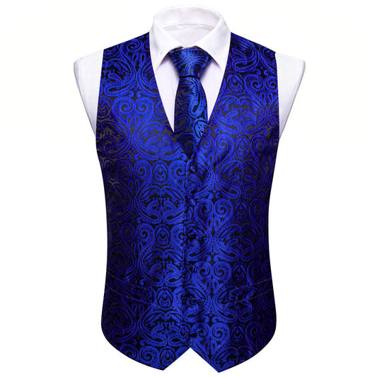 Navy Blue Paisley Silk Men's Vest Set vest set S (Chest 40")   - Sophisticated Gentlemen