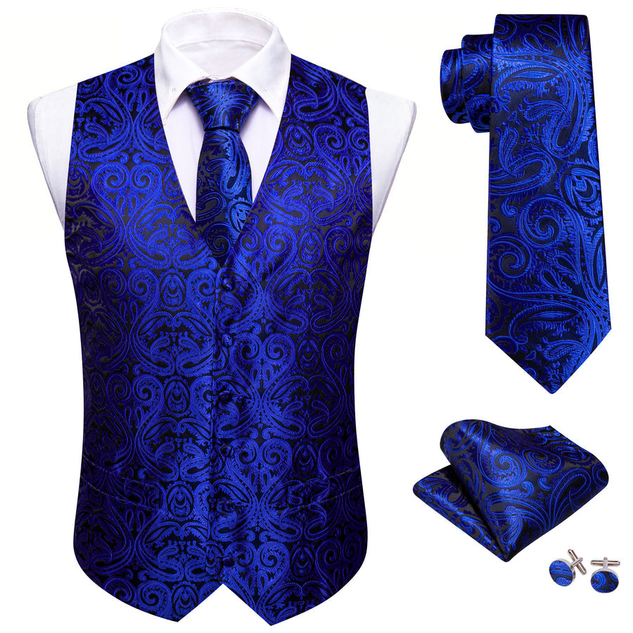 Navy Blue Paisley Silk Men's Vest Set vest set    - Sophisticated Gentlemen