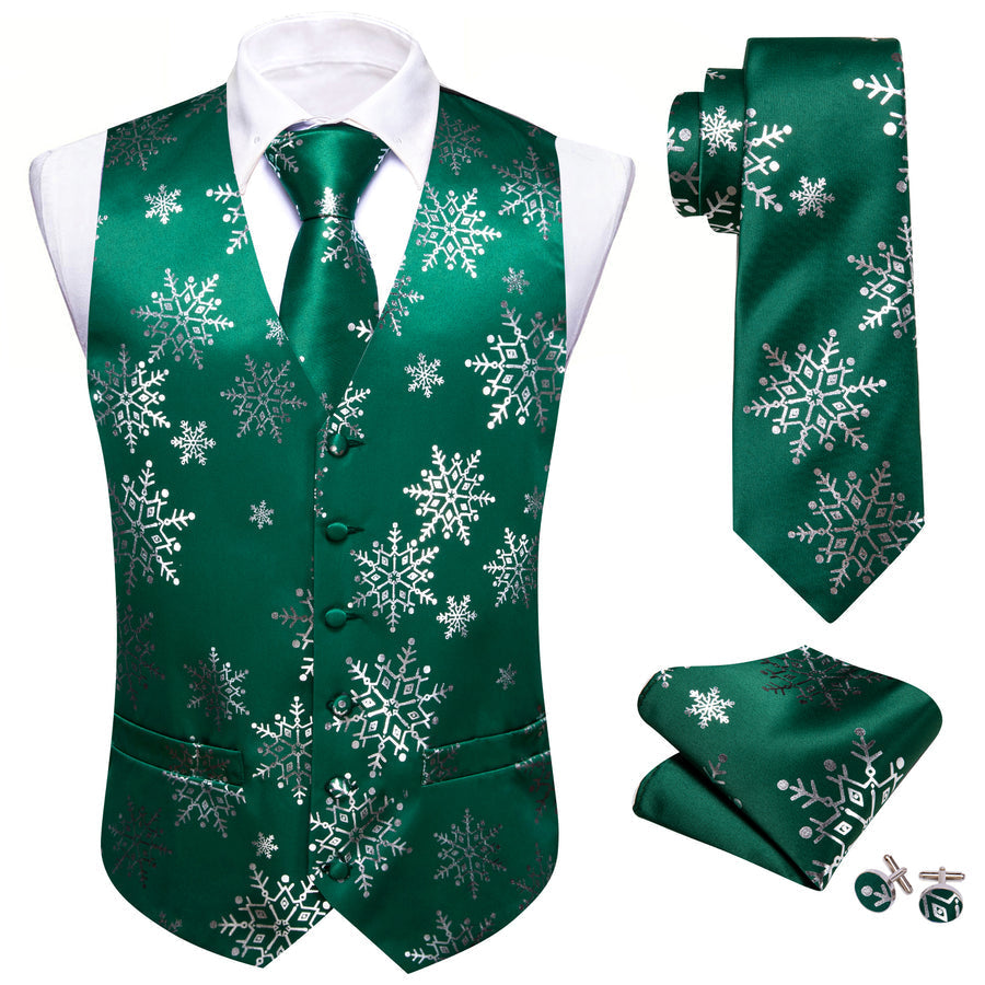 Christmas Dark Green White Snowflake Silk Men's Vest Set vest set    - Sophisticated Gentlemen