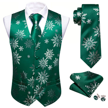 Christmas Dark Green White Snowflake Silk Men's Vest Set vest set    - Sophisticated Gentlemen