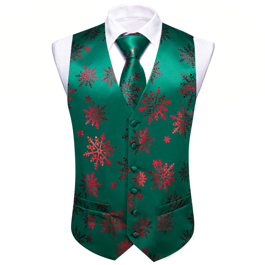 Christmas Dark Green Red Snowflake Silk Men's Vest Set vest set    - Sophisticated Gentlemen