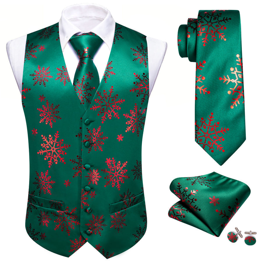 Christmas Dark Green Red Snowflake Silk Men's Vest Set vest set    - Sophisticated Gentlemen