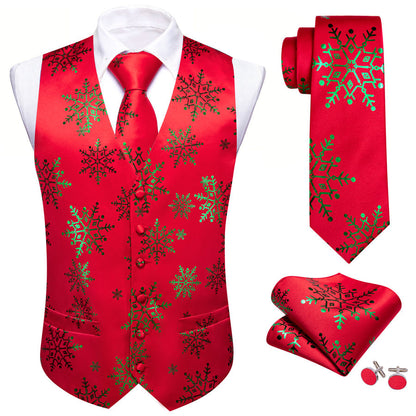 Christmas Red Green Snowflake Silk Men's Vest Set vest set    - Sophisticated Gentlemen