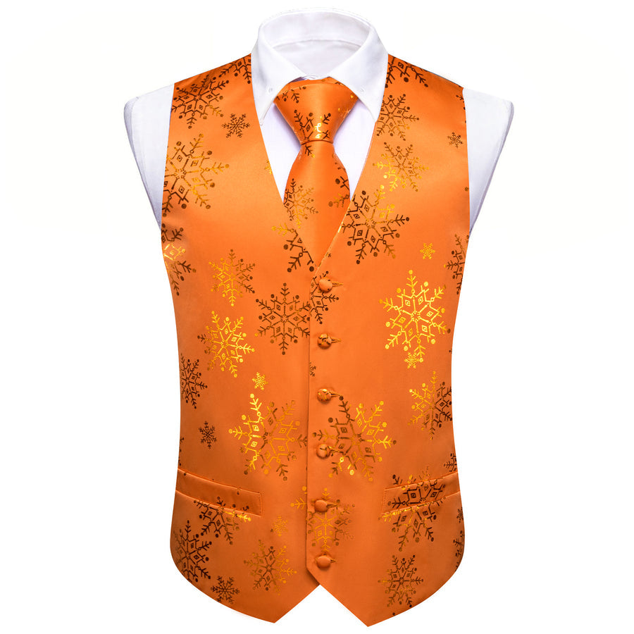 Christmas Orange Gold Snowflake Silk Men's Vest Set vest set    - Sophisticated Gentlemen
