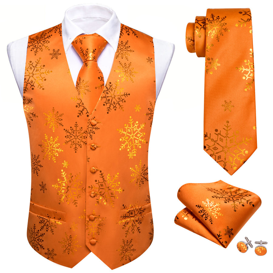 Christmas Orange Gold Snowflake Silk Men's Vest Set vest set    - Sophisticated Gentlemen