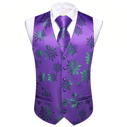Christmas Purple Green Snowflake Silk Men's Vest Set vest set    - Sophisticated Gentlemen