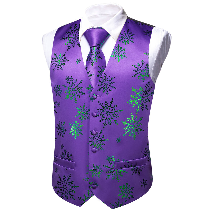 Christmas Purple Green Snowflake Silk Men's Vest Set vest set    - Sophisticated Gentlemen
