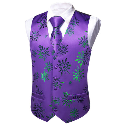 Christmas Purple Green Snowflake Silk Men's Vest Set vest set    - Sophisticated Gentlemen