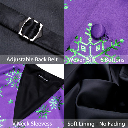Christmas Purple Green Snowflake Silk Men's Vest Set vest set    - Sophisticated Gentlemen