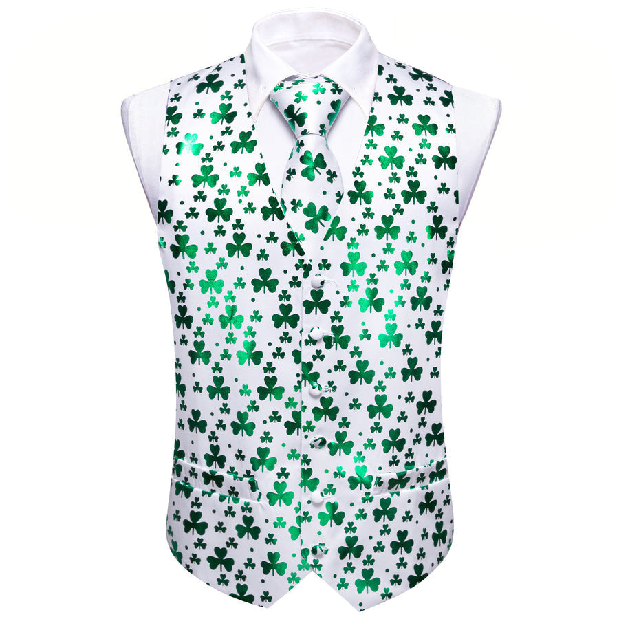 White Green Clover Novelty Silk Vest Set vest set    - Sophisticated Gentlemen