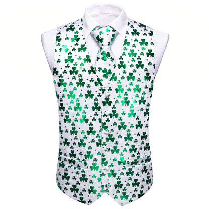 White Green Clover Novelty Silk Vest Set vest set    - Sophisticated Gentlemen