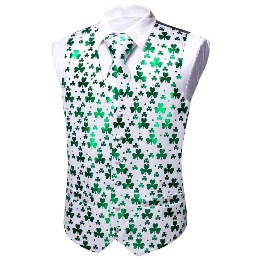 White Green Clover Novelty Silk Vest Set vest set    - Sophisticated Gentlemen