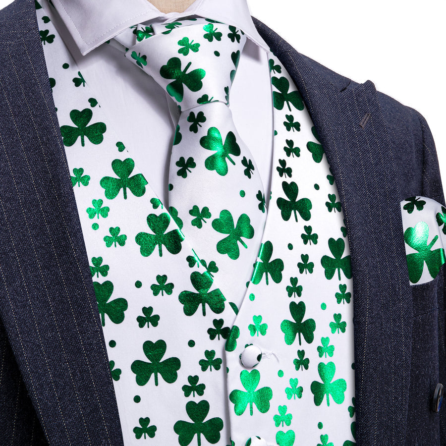 White Green Clover Novelty Silk Vest Set vest set S (Chest 40")   - Sophisticated Gentlemen