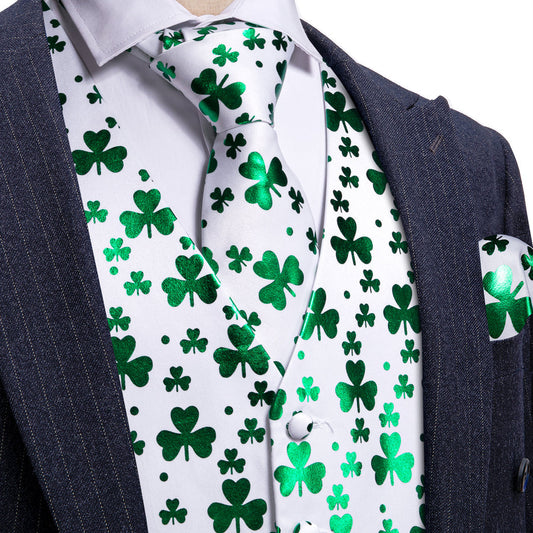 White Green Clover Novelty Silk Vest Set vest set S (Chest 40")   - Sophisticated Gentlemen