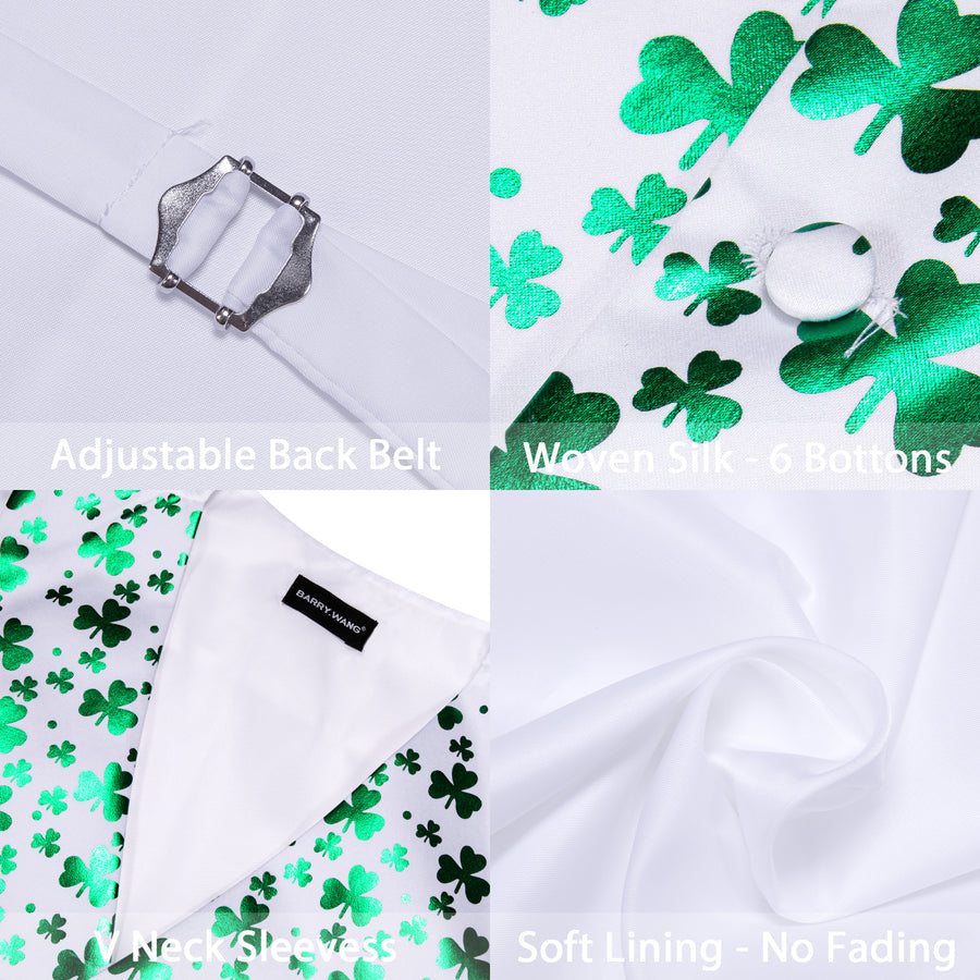 White Green Clover Novelty Silk Vest Set vest set    - Sophisticated Gentlemen