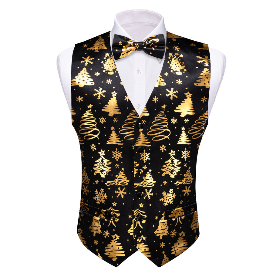 Black Golden Christmas Tree Novelty Silk Men's Bowtie Vest Set vest set    - Sophisticated Gentlemen