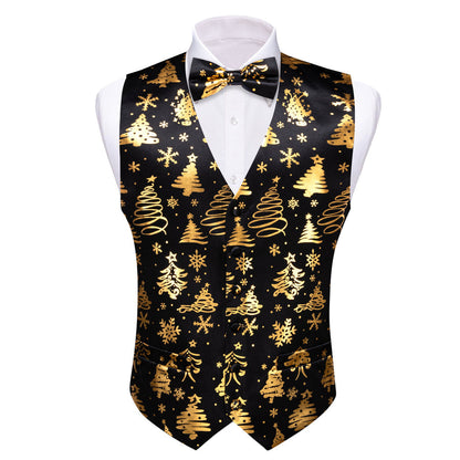 Black Golden Christmas Tree Novelty Silk Men's Bowtie Vest Set vest set    - Sophisticated Gentlemen