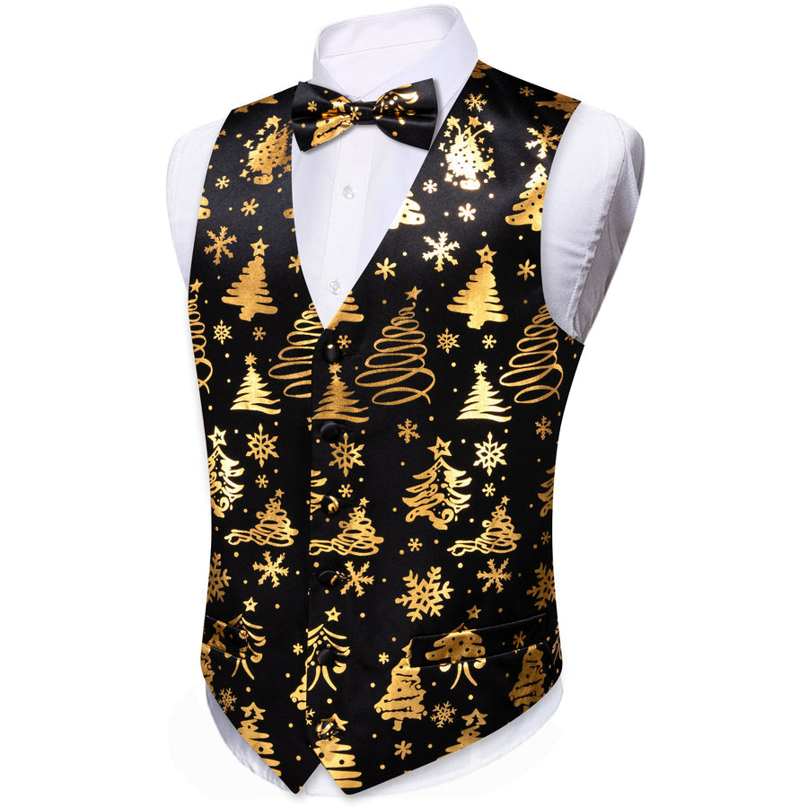 Black Golden Christmas Tree Novelty Silk Men's Bowtie Vest Set vest set    - Sophisticated Gentlemen