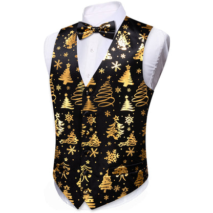 Black Golden Christmas Tree Novelty Silk Men's Bowtie Vest Set vest set    - Sophisticated Gentlemen