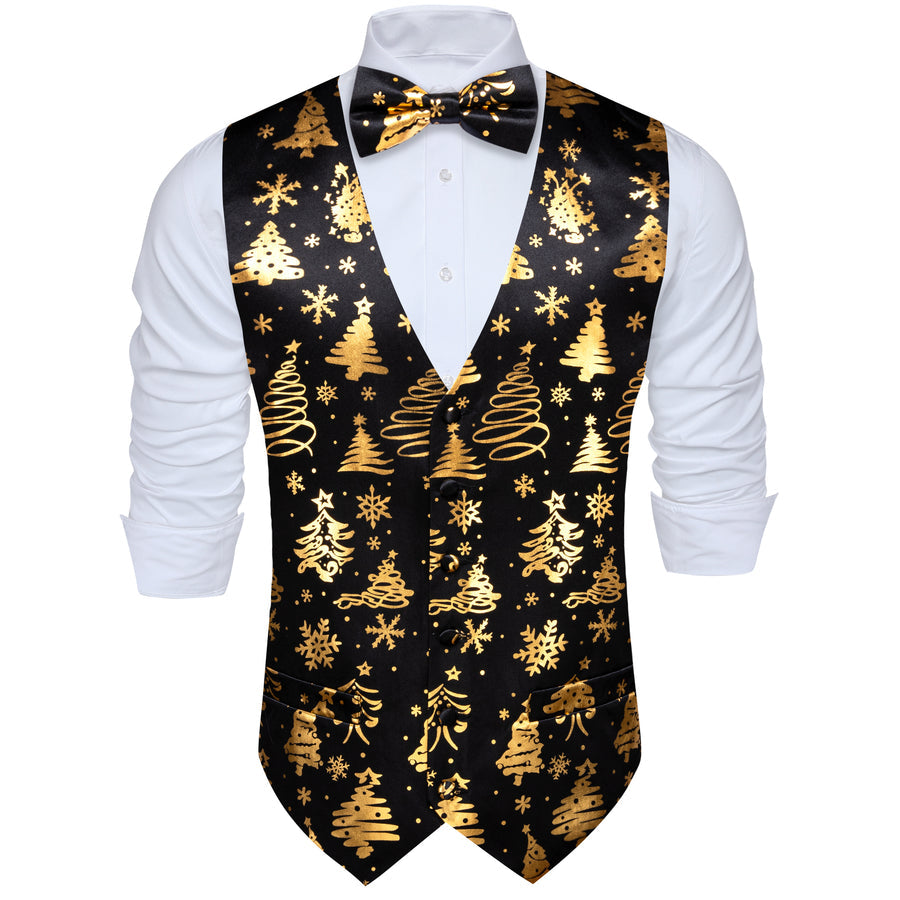 Black Golden Christmas Tree Novelty Silk Men's Bowtie Vest Set vest set    - Sophisticated Gentlemen