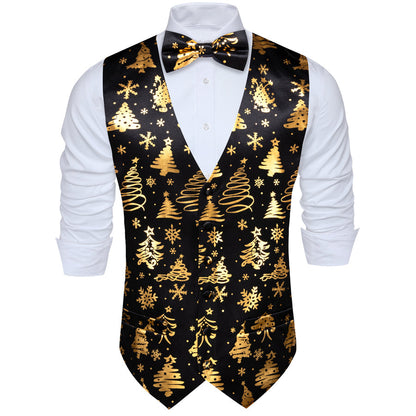 Black Golden Christmas Tree Novelty Silk Men's Bowtie Vest Set vest set    - Sophisticated Gentlemen