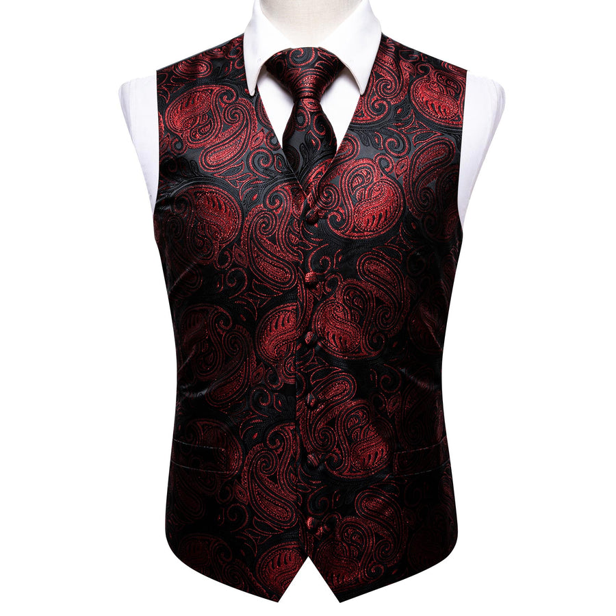 Luxury Black Red Shining Paisley Jacquard Vest Set vest set    - Sophisticated Gentlemen
