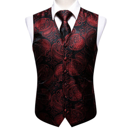 Luxury Black Red Shining Paisley Jacquard Vest Set vest set    - Sophisticated Gentlemen