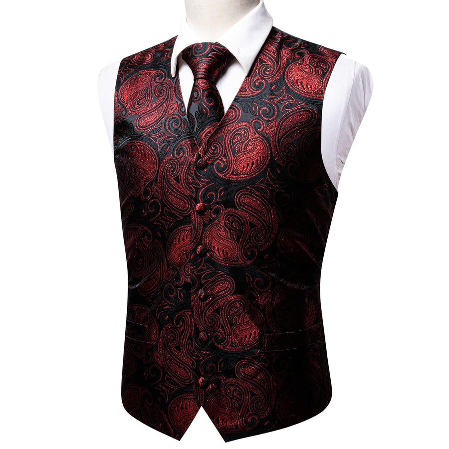 Luxury Black Red Shining Paisley Jacquard Vest Set vest set    - Sophisticated Gentlemen