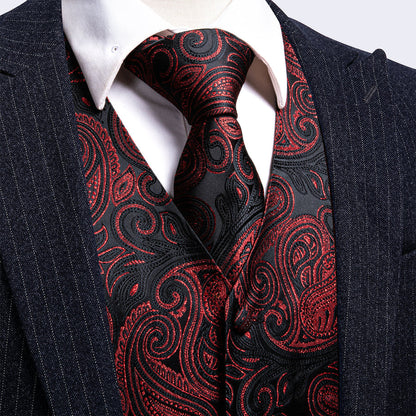Luxury Black Red Shining Paisley Jacquard Vest Set vest set S (Chest 40")   - Sophisticated Gentlemen