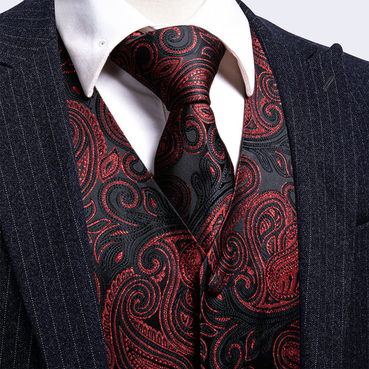 Luxury Black Red Shining Paisley Jacquard Vest Set vest set S (Chest 40")   - Sophisticated Gentlemen