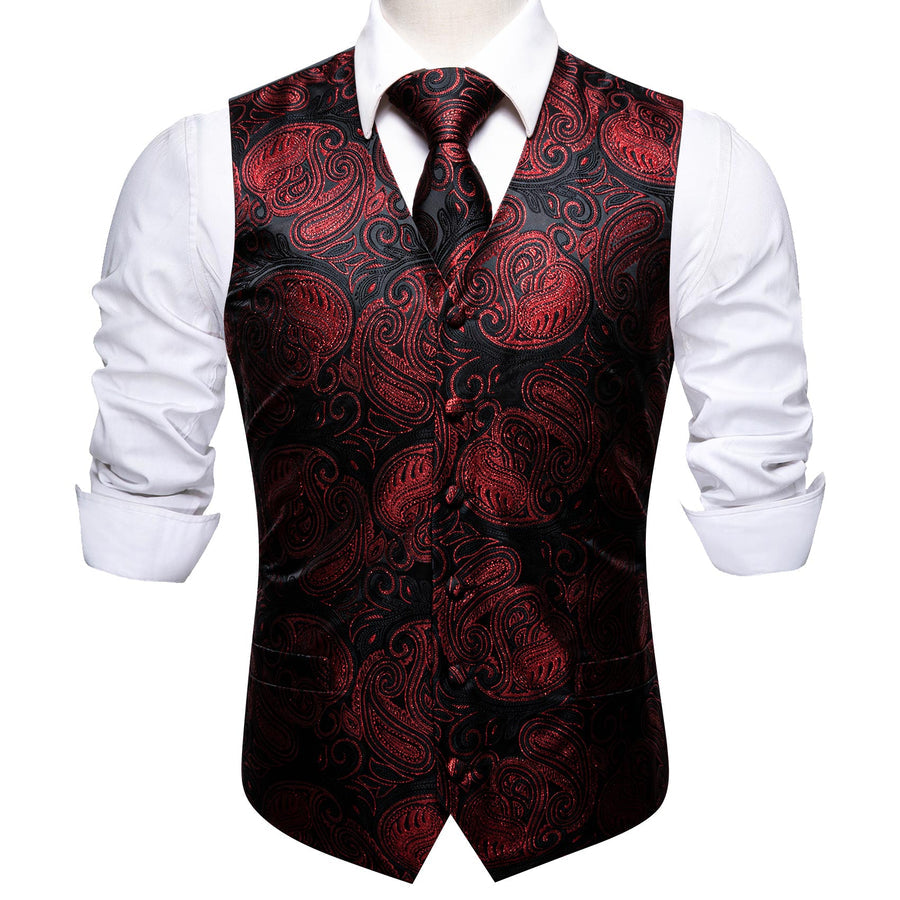 Luxury Black Red Shining Paisley Jacquard Vest Set vest set    - Sophisticated Gentlemen