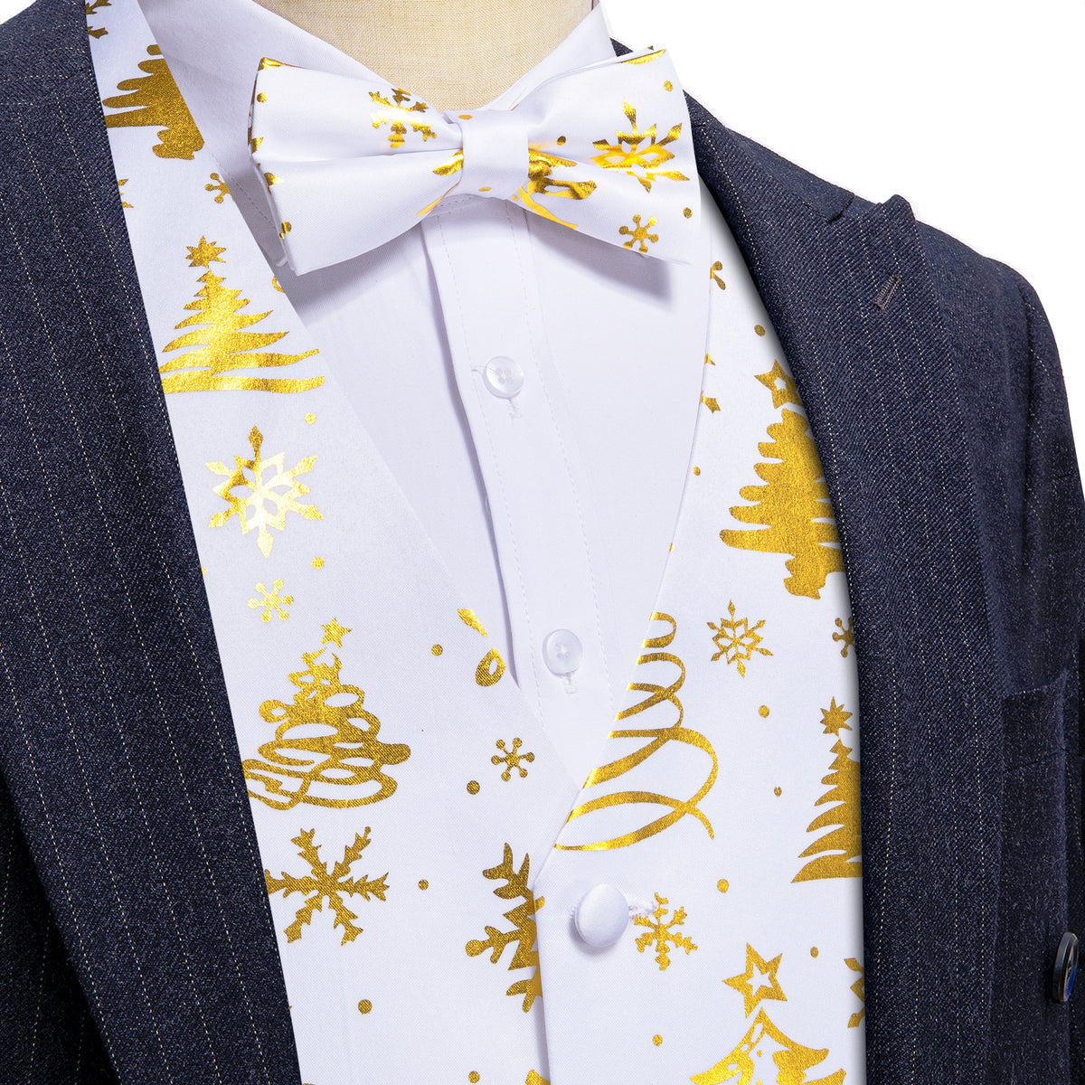 White and Gold Christmas Tree Vest Set vest set S (Chest 40)   - Sophisticated Gentlemen