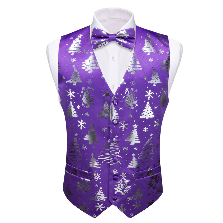 Purple Sliver Christmas Tree Novelty Silk Bowtie Vest Set vest set    - Sophisticated Gentlemen