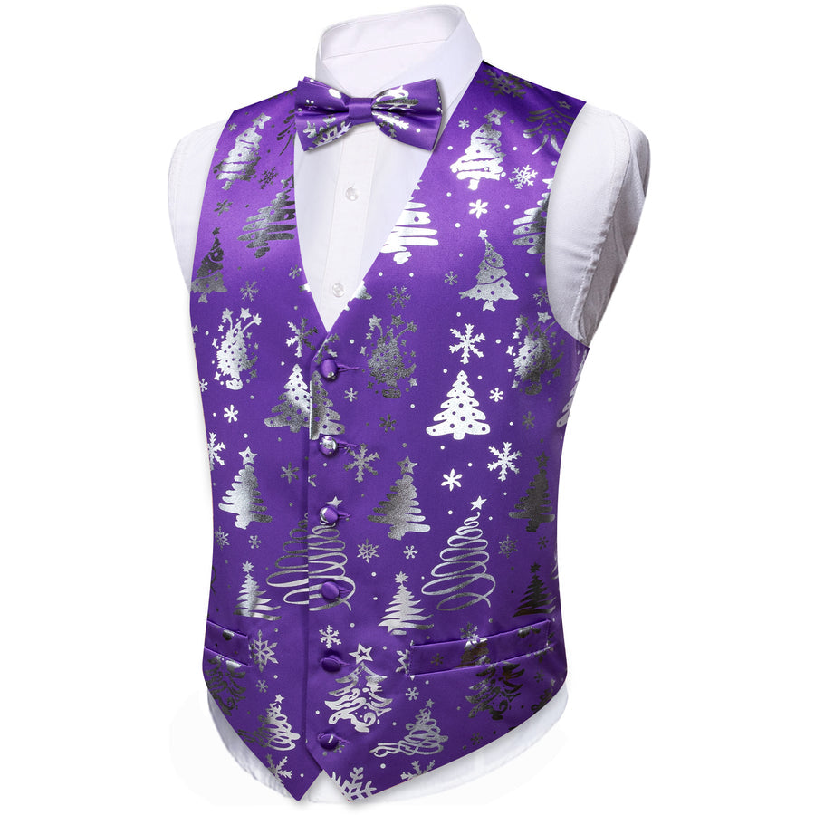 Purple Sliver Christmas Tree Novelty Silk Bowtie Vest Set vest set    - Sophisticated Gentlemen