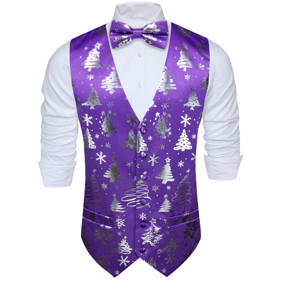 Purple Sliver Christmas Tree Novelty Silk Bowtie Vest Set vest set    - Sophisticated Gentlemen