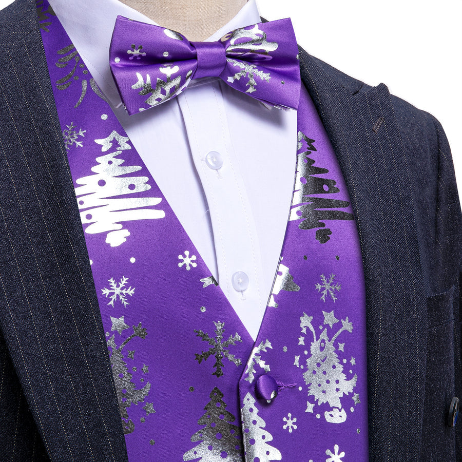 Purple Sliver Christmas Tree Novelty Silk Bowtie Vest Set vest set S (Chest 40")   - Sophisticated Gentlemen