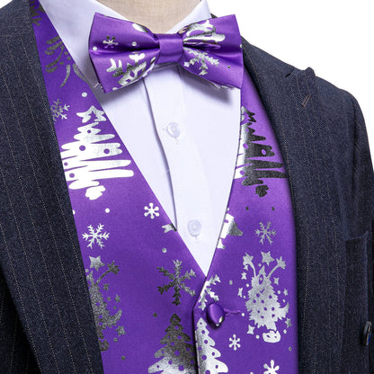 Purple Sliver Christmas Tree Novelty Silk Bowtie Vest Set vest set S (Chest 40")   - Sophisticated Gentlemen